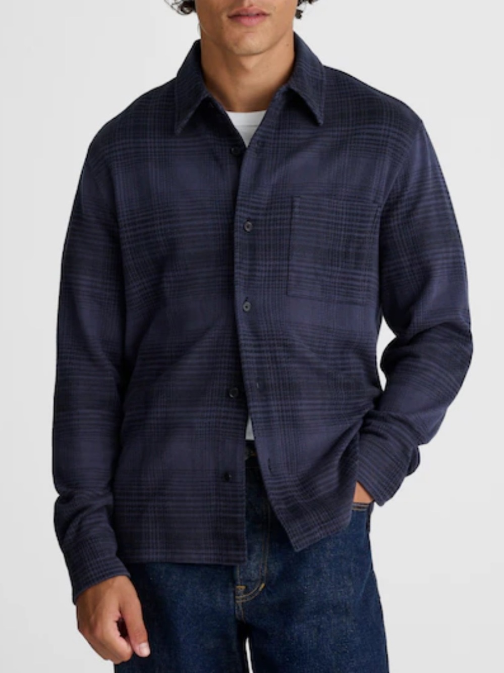 Madewell Men's The Devoe Knit Shirt Ink Plaid Blue Preppy Comfy Cozy Size Medium
